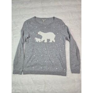 Womens Petite Small Gray Polar Bear Polka Dot Knit Pullover Sweater SP